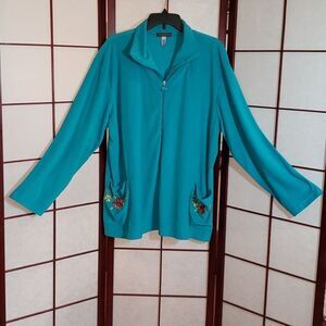 Stan Herman Teal Floral Long Sleeve Zipper Jacket